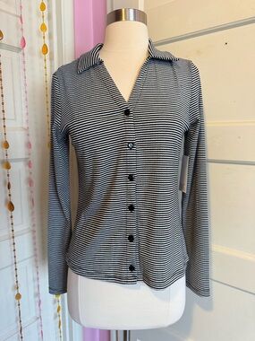 LC Couture Black White Striped Button Up Shirt Fitted Stretch Blouse Size S NWT